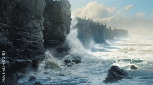 a rugged coastal cliff with crashing waves below, illustrating the relentless erosion and sculpting of coastlines by the sea