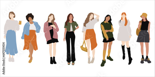 Different ethnic women with fashion outfit standing silhouette vector illustration. Woman full body profile flat illustration. Female diverse flat vector illustration
