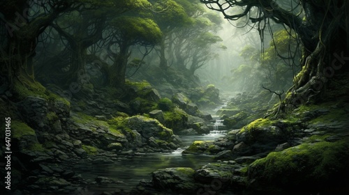 a secluded and mist-shrouded forest glen, with ancient trees and a sense of enchantment in the air