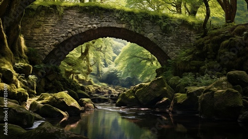 a secluded and moss-covered stone bridge spanning a gentle stream, with arching branches forming a natural canopy