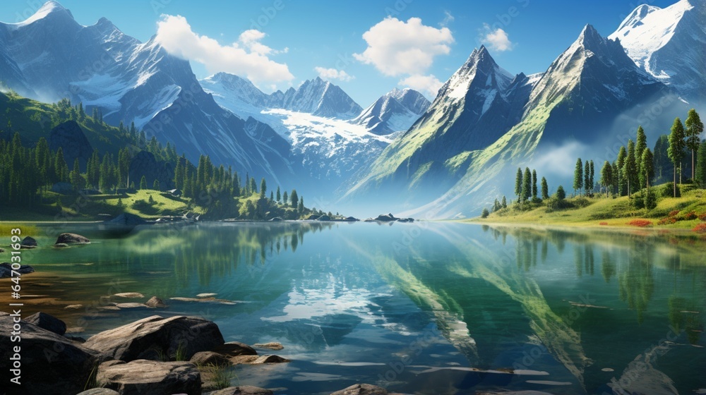 a serene and crystal-clear alpine lake surrounded by towering peaks, reflecting the pristine beauty of high-altitude environments