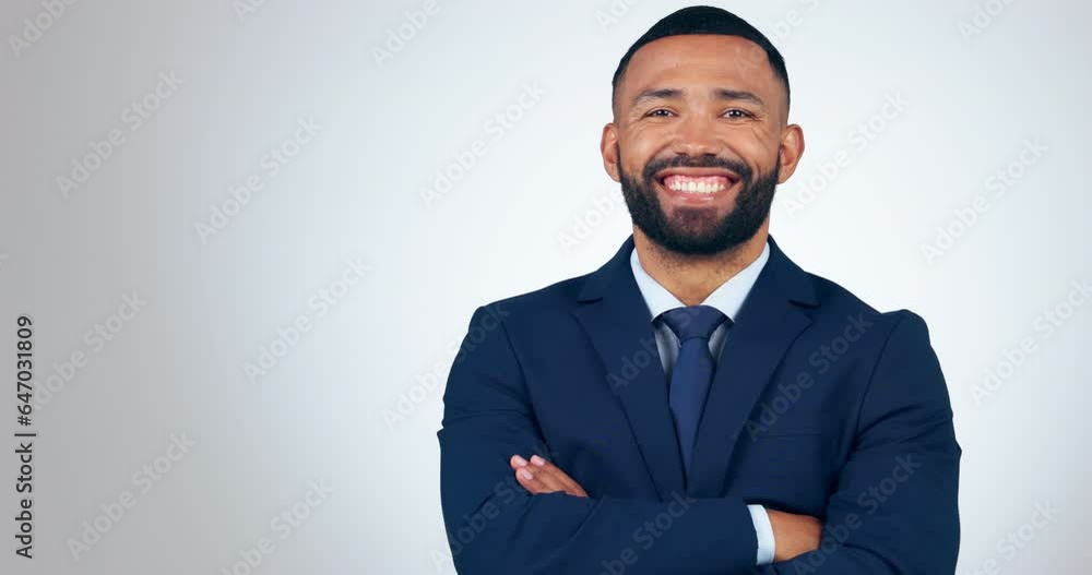 Happy, face and businessman with arms crossed and agreement, deal and confidence in studio white background. Yes, mockup and portrait of professional entrepreneur in Portugal development or business Happy, face and businessman with arms crossed and agreement, deal and confidence in studio white background. Yes, mockup and portrait of professional entrepreneur in Portugal development or business