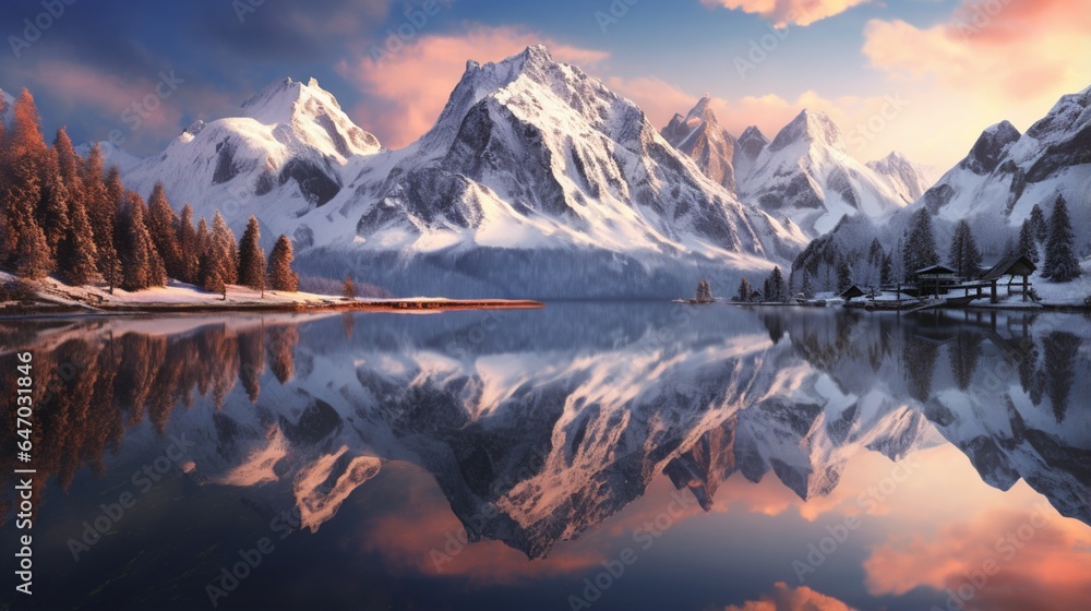 a serene and mirrored reflection of a mountain range in a calm alpine lake at sunset, symbolizing the tranquility and majesty of high-altitude landscapes