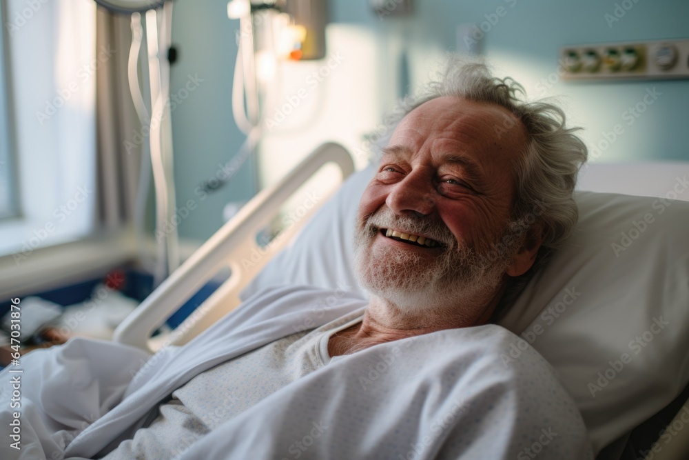 Smiling portrait of a senior caucasian man in a hospital bed in a hospital