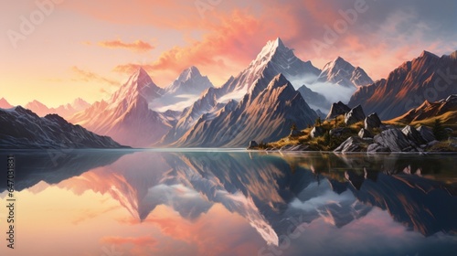 a serene and mirrored reflection of a mountain range in a calm alpine lake at sunset, symbolizing the tranquility and majesty of high-altitude landscapes