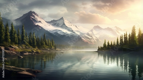 a serene and mist-covered mountain lake at sunrise, with the first light of day breaking through the clouds