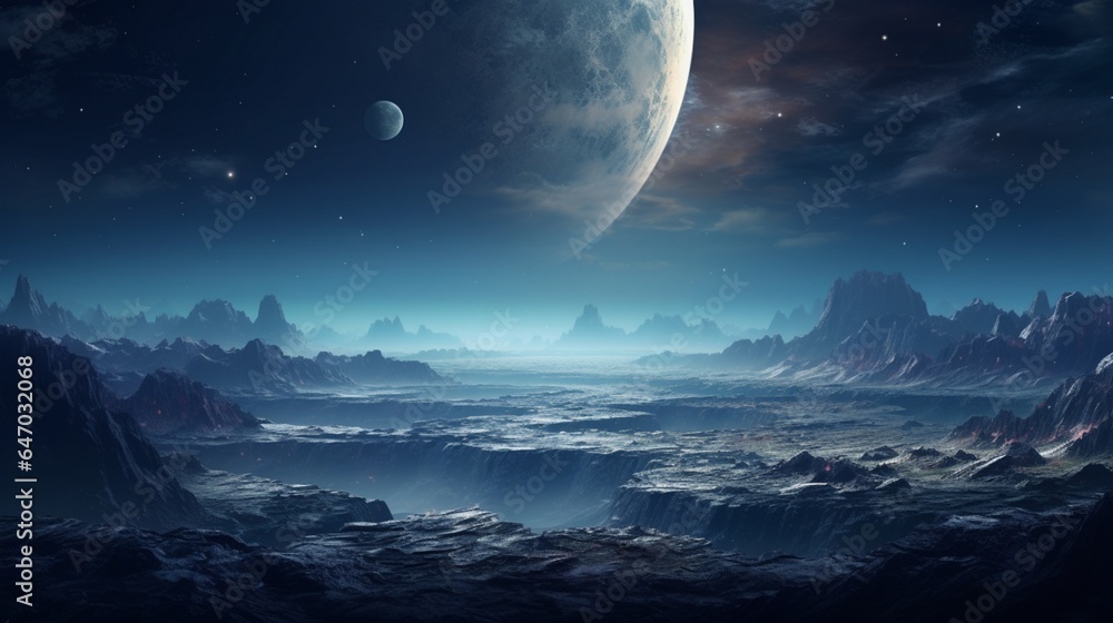 a serene and surreal lunar landscape, with rugged craters and a vast expanse of barren terrain under a starry sky
