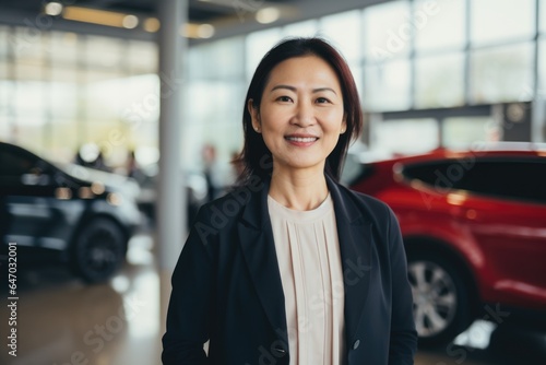 Smiling portrait of a female asian car salesman working in a car dealership