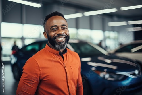 Smiling portrait of an african american car salesman working in a car dealership