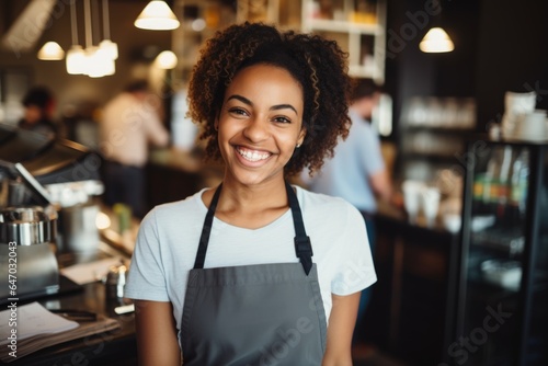 Smiling portrait of a happy female african american barista working in a cafe or bar