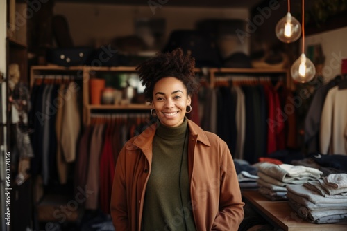 Smiling portrait of a happy female african american second hand clothing store owner