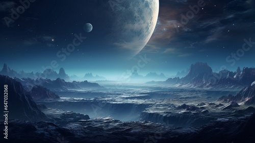 a serene and surreal lunar landscape, with rugged craters and a vast expanse of barren terrain under a starry sky