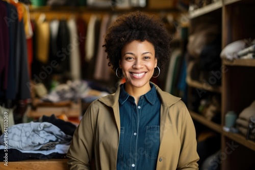 Smiling portrait of a happy female african american second hand clothing store owner