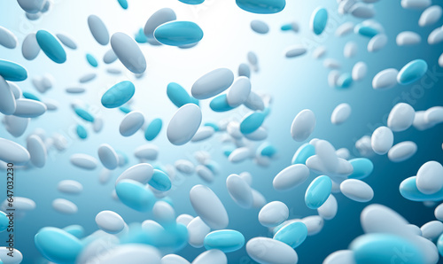 Blue and white pills in the air  flying over blue background  capsules falling down.