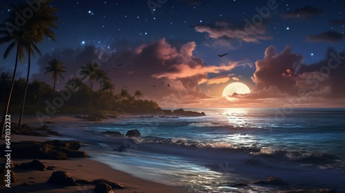 a serene moonlit beach  with waves gently lapping the shore under a star-studded sky