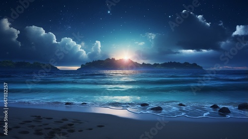 a serene moonlit beach, with waves gently lapping the shore under a star-studded sky