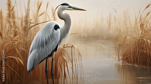 a stately heron standing tall amid the tall grasses of a tranquil wetland  its plumage perfectly camouflaged