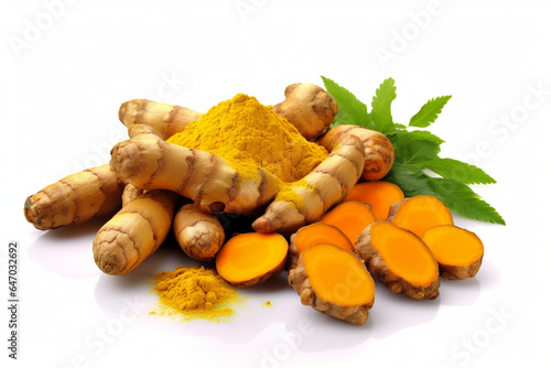 Turmeric (Curcuma longa Linn) rhizome or kunyit or kunir and turmeric powder, isolated on white photo