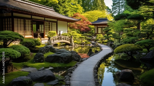 a tranquil Japanese garden, with meticulously raked gravel paths, bonsai trees, and a koi pond