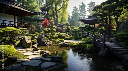 a tranquil Japanese garden  with meticulously raked gravel paths  bonsai trees  and a koi pond