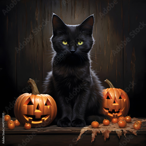halloween cat with pumpkin (ai generated)