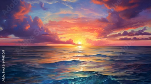 a vibrant and colorful sunset over a calm ocean, with the sun's reflection shimmering on the water's surface and painting the sky in vivid hues © ra0