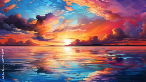 a vibrant and colorful sunset over a calm ocean, with the sun's reflection shimmering on the water's surface and painting the sky in vivid hues