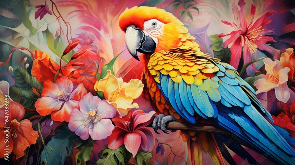 a vibrant parrot with its beak nestled among a cluster of tropical blooms, savoring the nectar