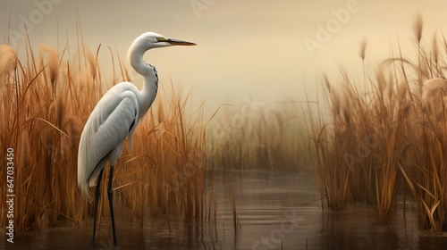 a white egret standing tall amidst the tall reeds of a tranquil marshland © ra0