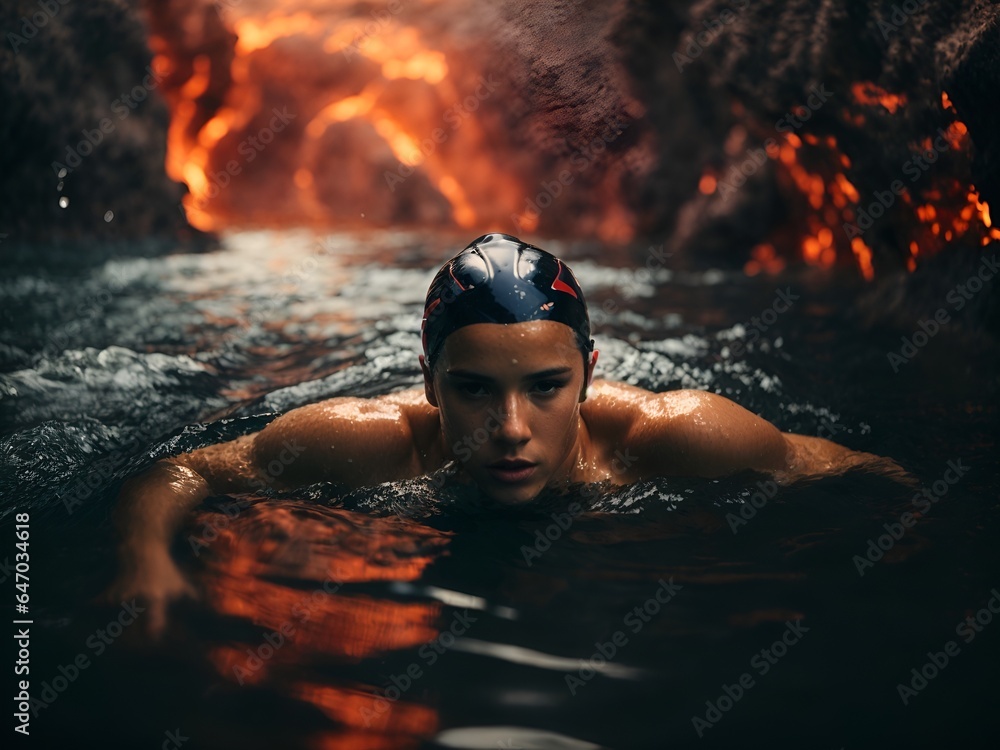 Swimmer in a subterranean lake - obrazy, fototapety, plakaty 