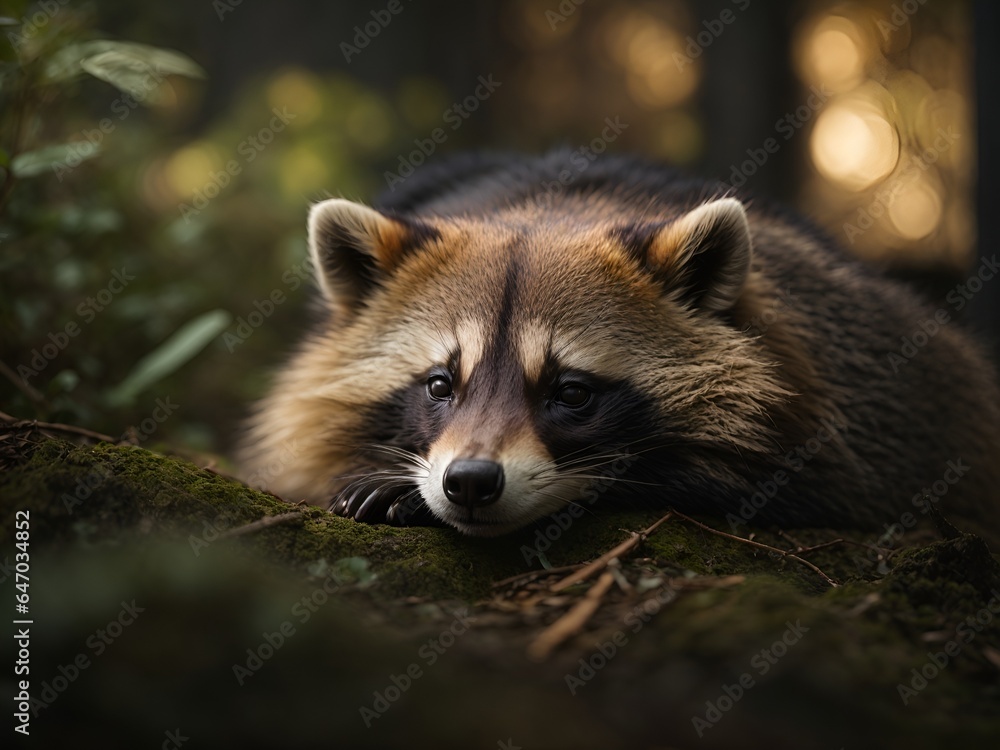 Naklejka premium Lying raccoon dog