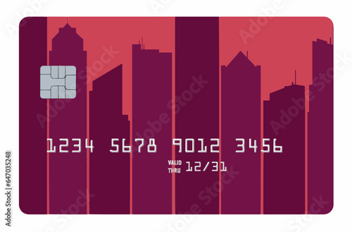 A generic credit card or debit card with a city skyline design is seen in a 3-d illustration.