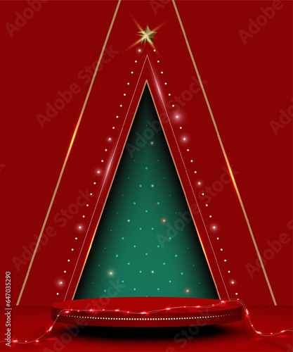 Christmas abstract scene background with pedestal for product display, Decorated with elements for festive on triangle Christmas tree shape wall background. Vector illustration.