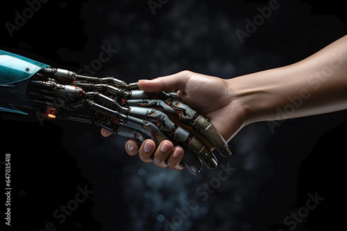 Digital Harmony: Human-Android Handshake. Generative AI.