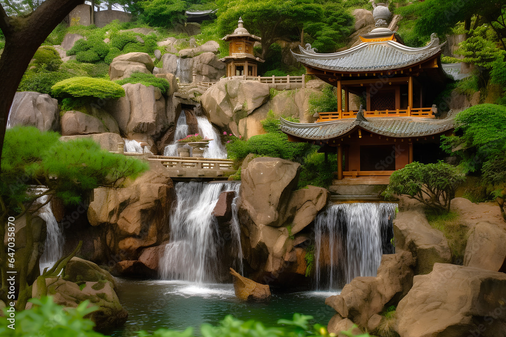 Fototapeta premium 滝のある和風庭園