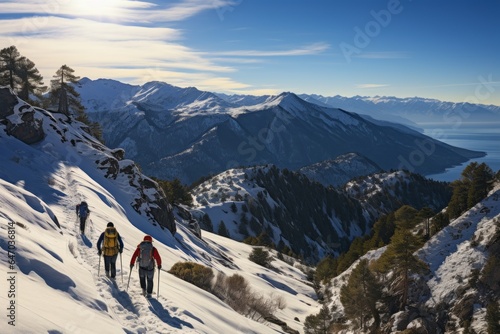 Group Of Adventurous Skiers Hiking Up, Generative AI