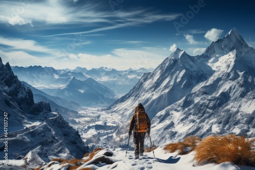 Skier Pausing To Admire The Breathtaking Mountain View, Generative AI