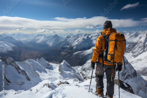 Skier Pausing To Admire The Breathtaking Mountain View, Generative AI