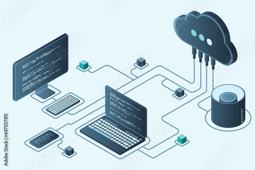 Cloud technology computing concept. Modern cloud technology. Data center isometric concept. Isometric cloud technology with datacenter. Web hosting concept. Vector illustration