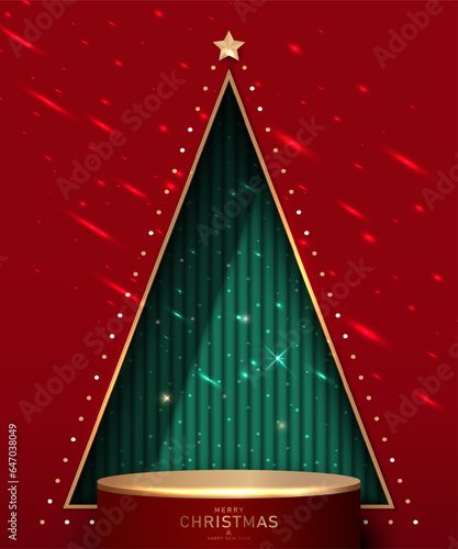Christmas background product display concept. Blank podium with shiny lights on abstract triangle Christmas tree wall background. Vector illustration.
