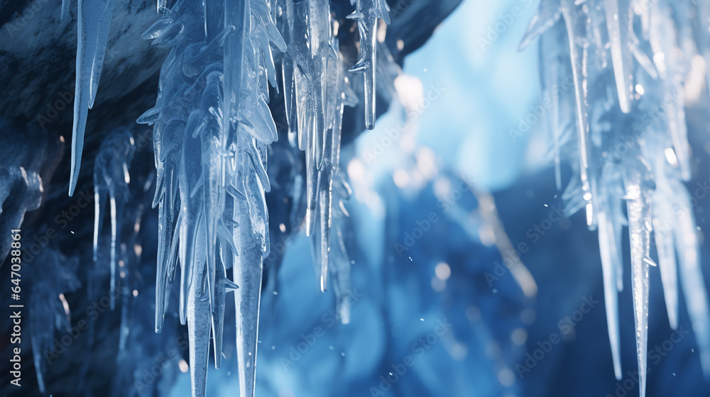 ice icicles on a rocky ledge - obrazy, fototapety, plakaty 