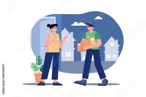 Delivery parcel to door. Courier presents box of recipient