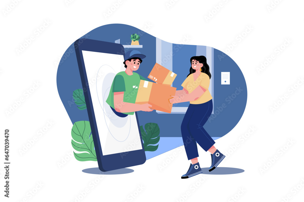 A young woman receiving a parcel from a delivery service courier through the smartphone screen A young woman receiving a parcel from a delivery service courier through the smartphone screen