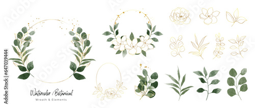 Luxury botanical gold wedding frame elements collection. Set of circle, glitters, leaf branches, rose flower, eucalyptus. Elegant foliage design for wedding, card, invitation, greeting.