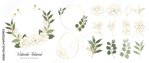 Luxury botanical gold wedding frame elements collection. Set of circle, glitters, leaf branches, rose flower, eucalyptus. Elegant foliage design for wedding, card, invitation, greeting.