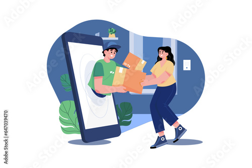 A young woman receiving a parcel from a delivery service courier through the smartphone screen
