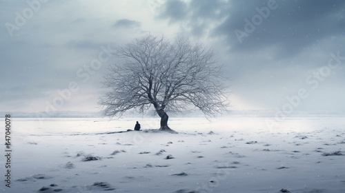 one person sits in a snowy field under a lonely tree © MYKHAILO KUSHEI