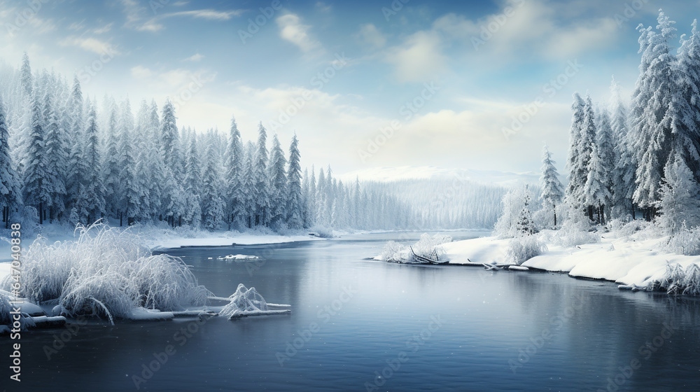 a large unfrozen river in the middle of a coniferous winter forest