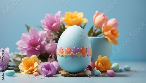 "Joyful Easter Delight: Colorful Egg on Pastel Blue Background"