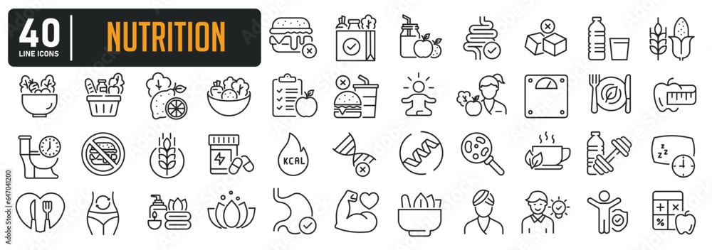 Nutrition line icons. Editable stroke. For website marketing design, logo, app, template, ui, etc. Vector illustration.
